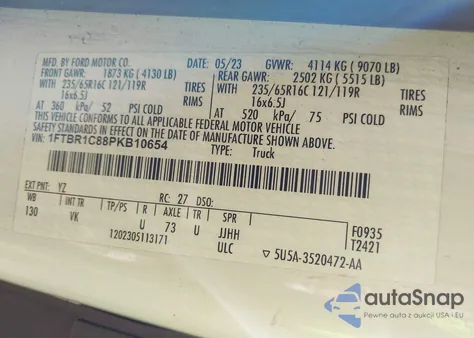 2023 Ford Transit-250 из США, поврежденный, VIN 1FTBR1C88PKB10654